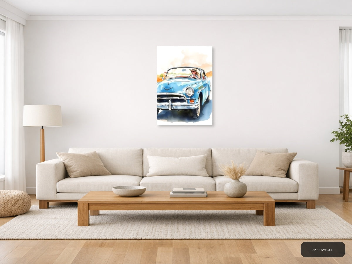 Blue Convertible Car Watercolor Portrait Wall Art — A2 / Living Room