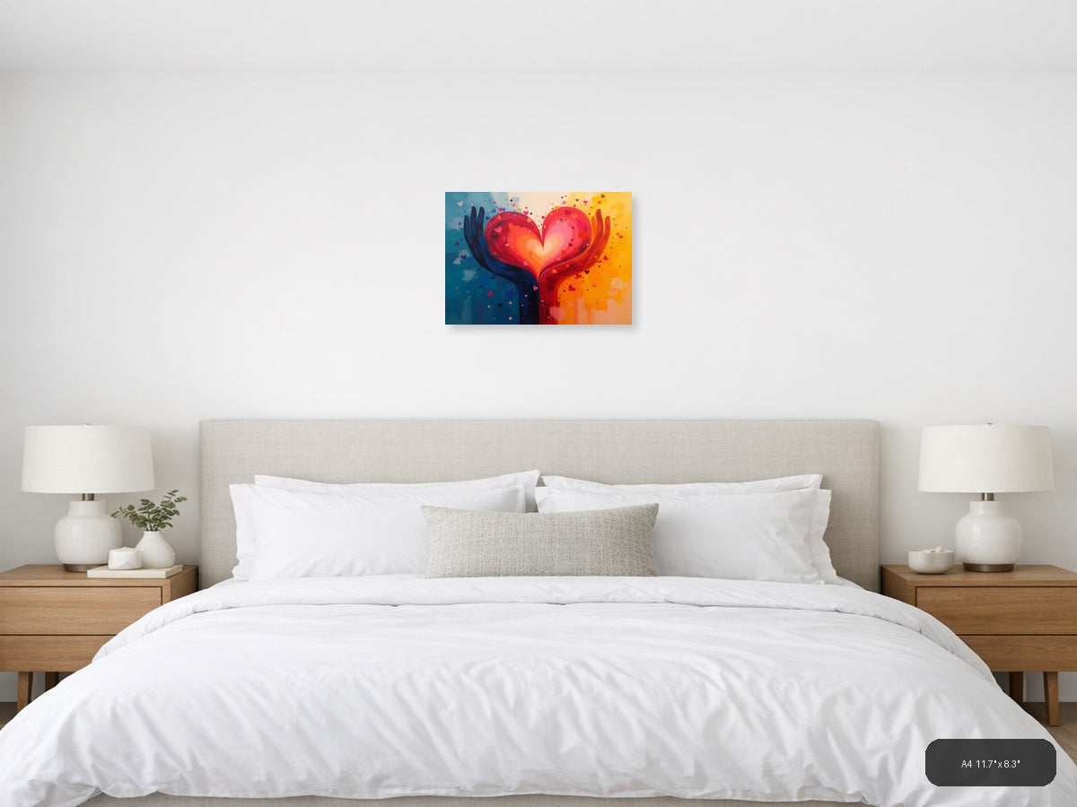 Glowing Heart in Hands Abstract Rainbow Canvas Print Wall Art — A4 (Bedroom)