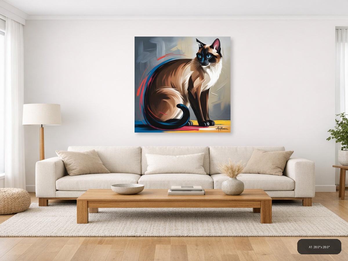 Siamese Cat Portrait Abstract Blue Eyes Wall Art — A1 / Living Room