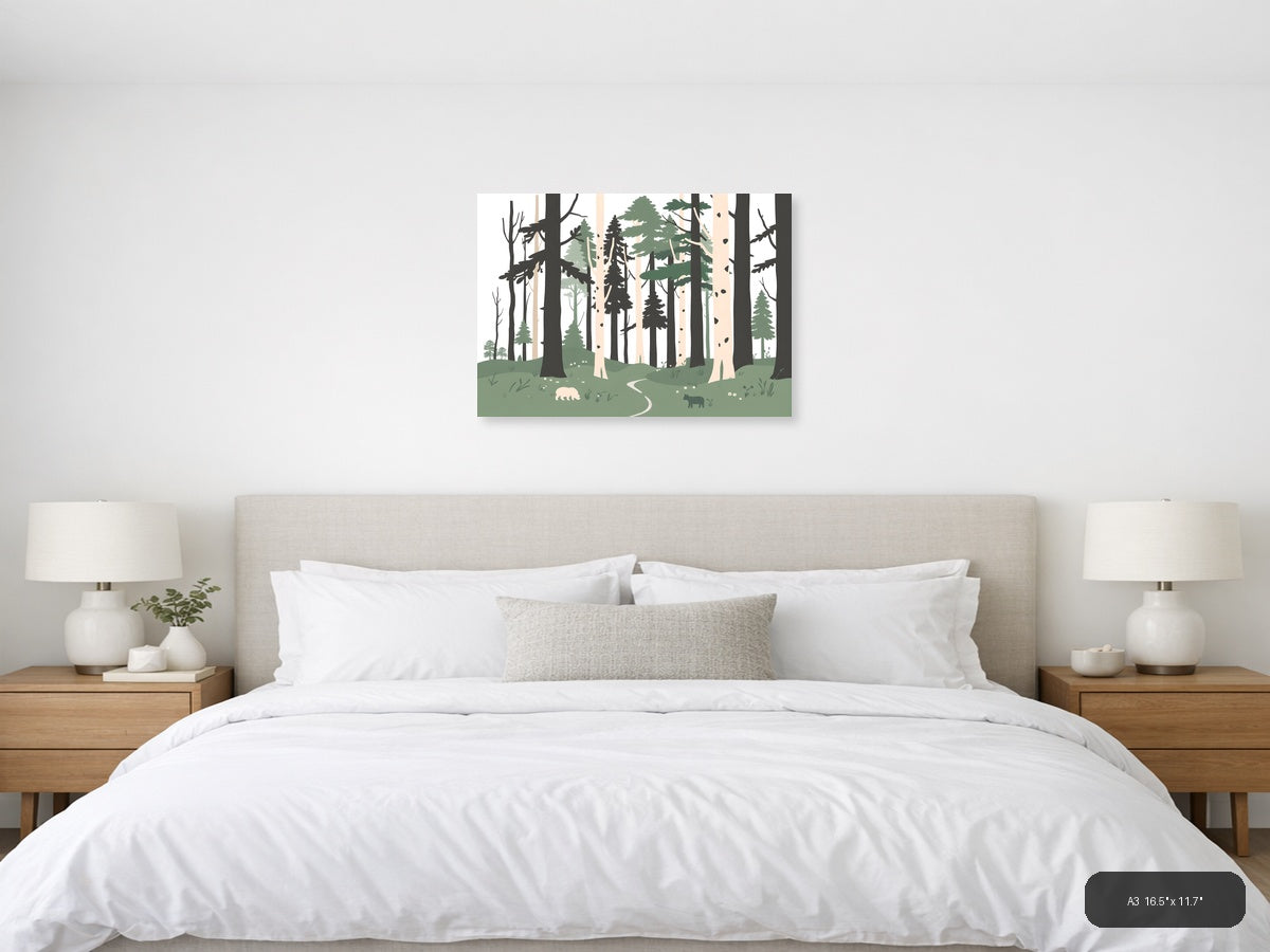 Minimalist Forest Path with Wildlife Wall Art — A3 / Bedroom