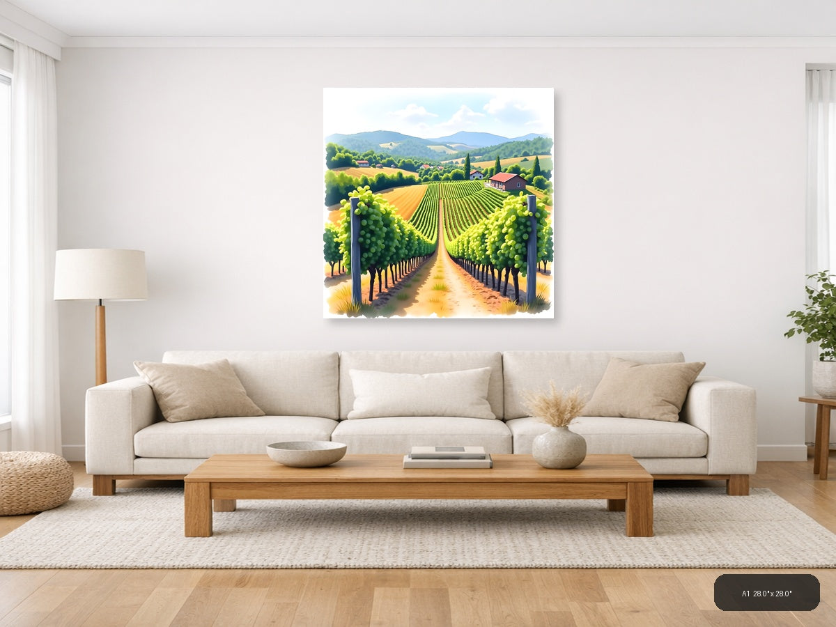 Tuscan Vineyard Landscape Watercolor Wall Art — A1 / Living Room