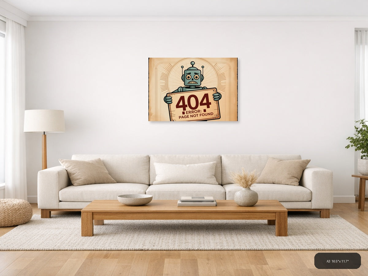Vintage Retro Robot 404 Error Message Wall Art — A3 / Living Room