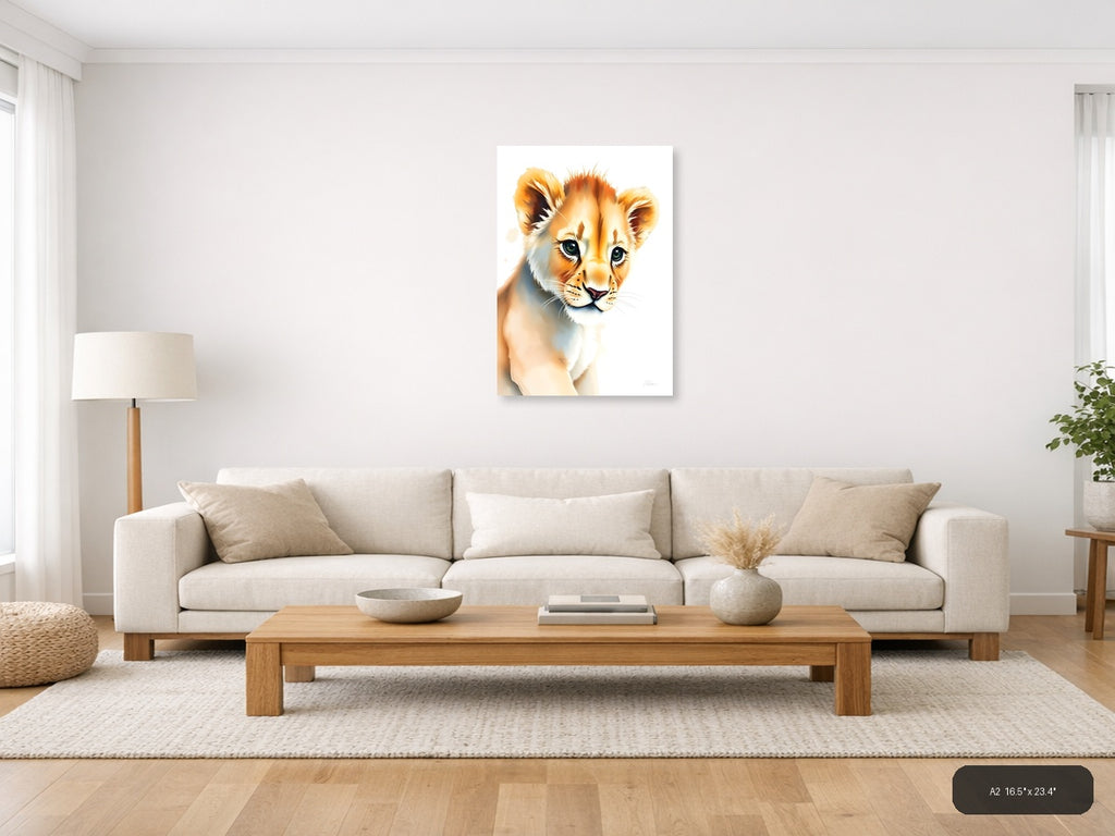 Young Lion Cub Watercolor Portrait Wall Art — A2 / Living Room