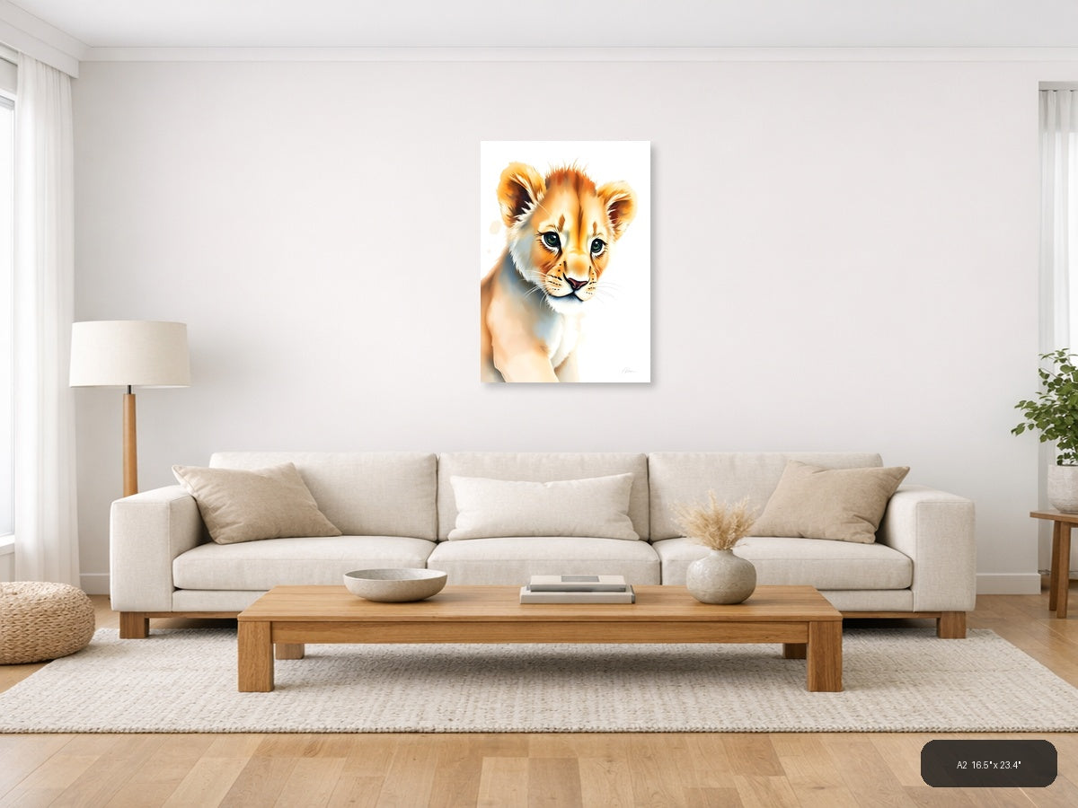 Young Lion Cub Watercolor Portrait Wall Art — A2 / Living Room