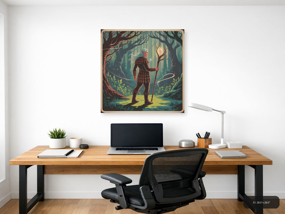 Elf Warrior in Enchanted Forest Vintage Wall Art — A1 / Office