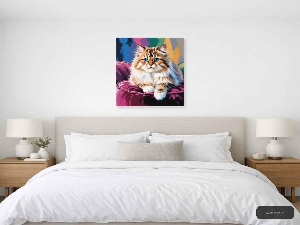 Fluffy Cat with Blue Eyes Abstract Colorful Wall Art — A2 / Bedroom