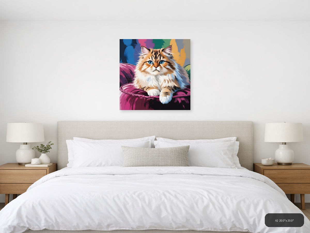 Fluffy Cat with Blue Eyes Abstract Colorful Wall Art — A2 / Bedroom
