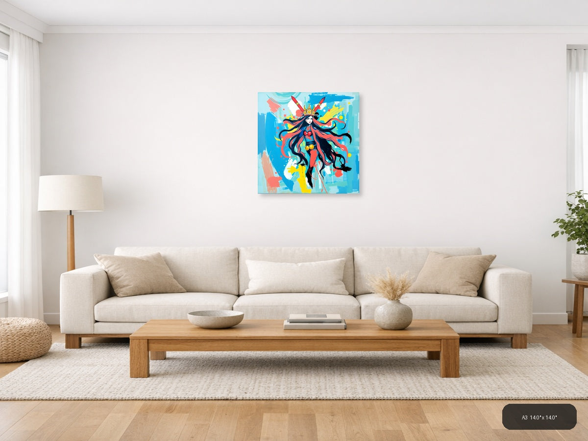 Vibrant Abstract Warrior Queen with Crown Wall Art — A3 / Living Room
