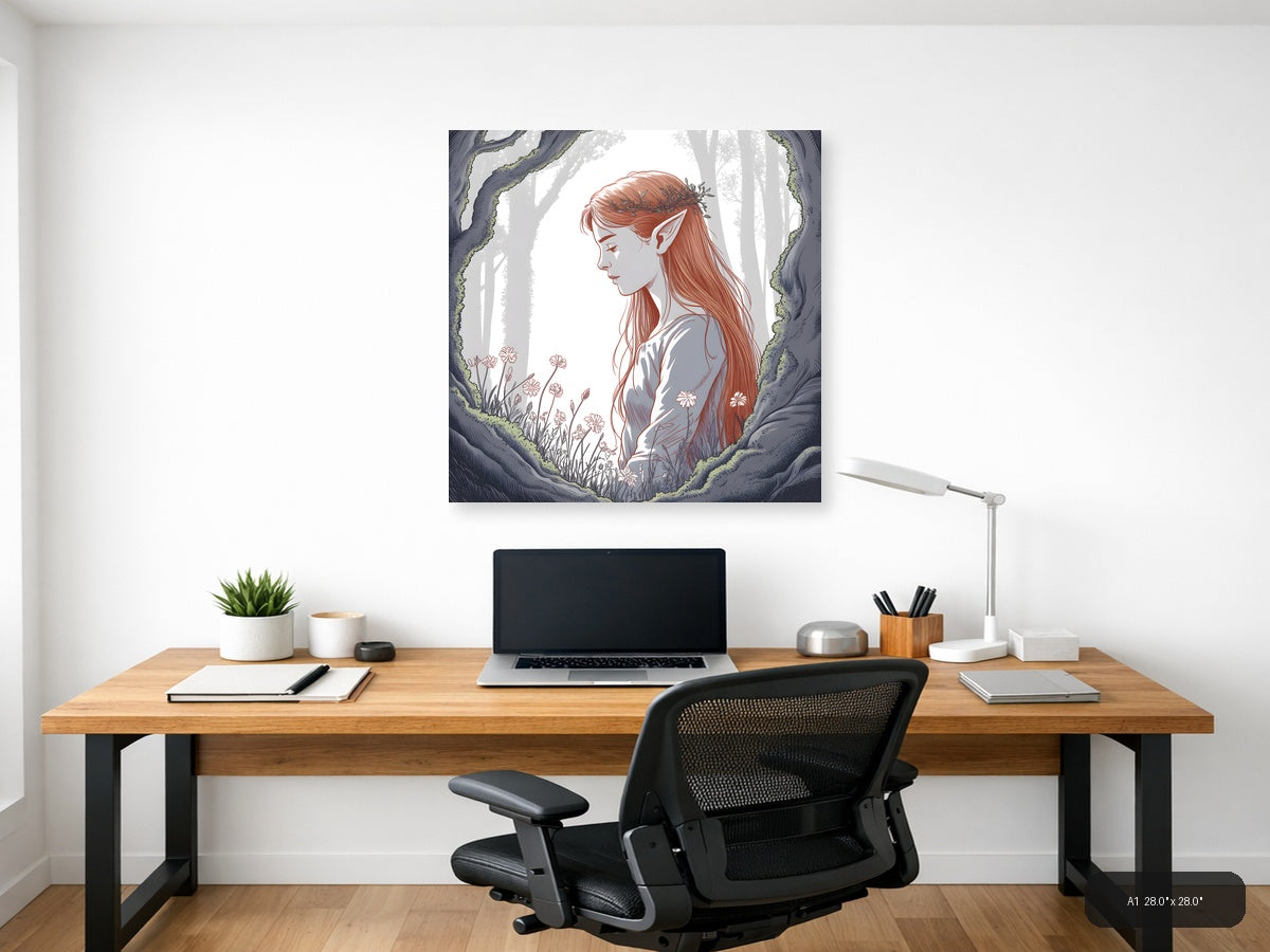 Forest Elf with Red Hair Line Art Wall Art — A1 / Office