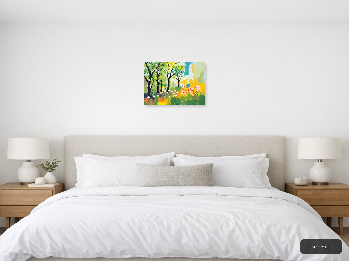 Spring Garden with Black Trees Abstract Wall Art — A4 / Bedroom