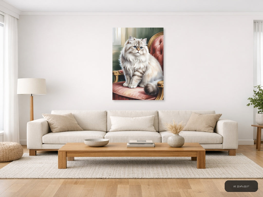Fluffy White Cat on Pink Chair Watercolor Wall Art — A1 / Living Room