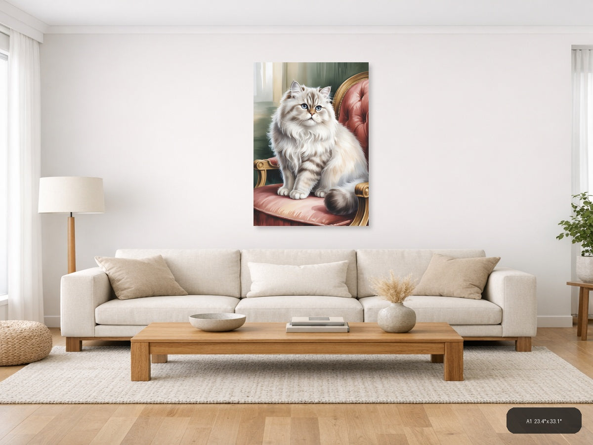 Fluffy White Cat on Pink Chair Watercolor Wall Art — A1 / Living Room
