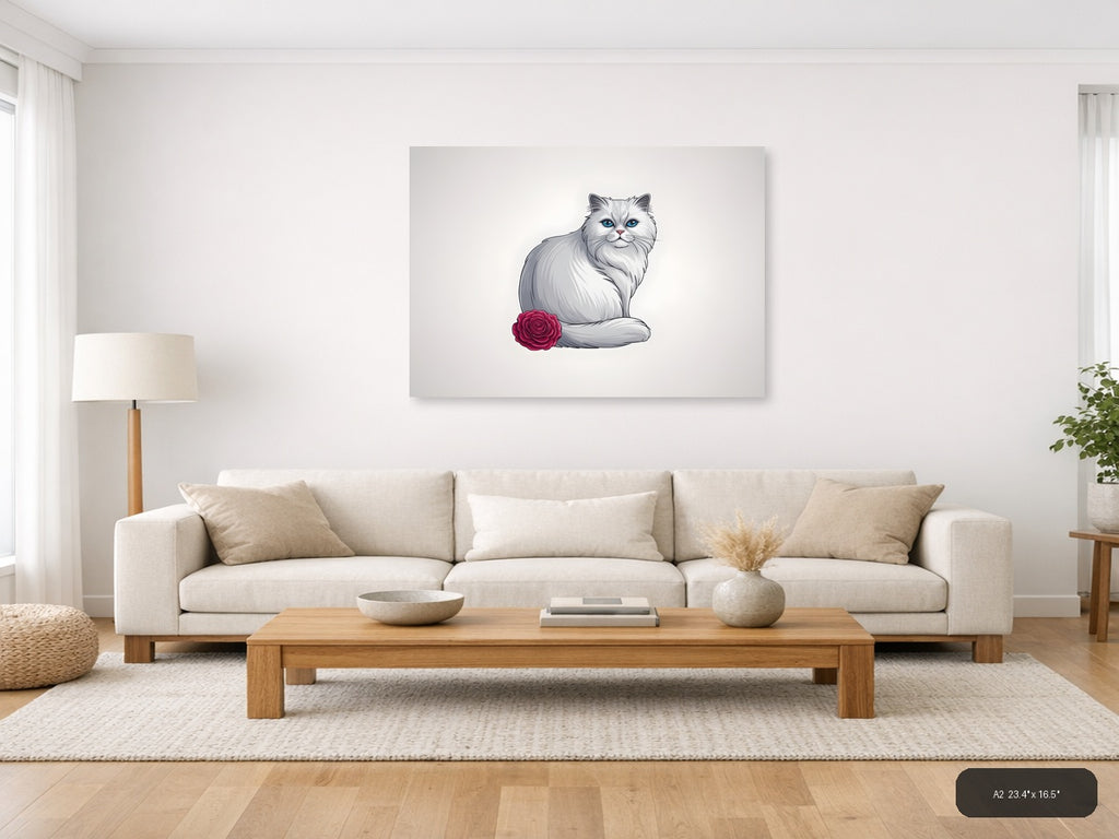 White Fluffy Cat with Blue Eyes and Rose - Minimalist Wall Art — A2 / Living Room