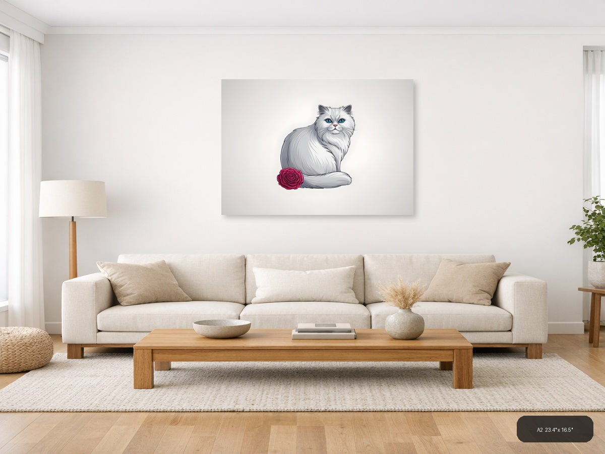 White Fluffy Cat with Blue Eyes and Rose - Minimalist Wall Art — A2 / Living Room