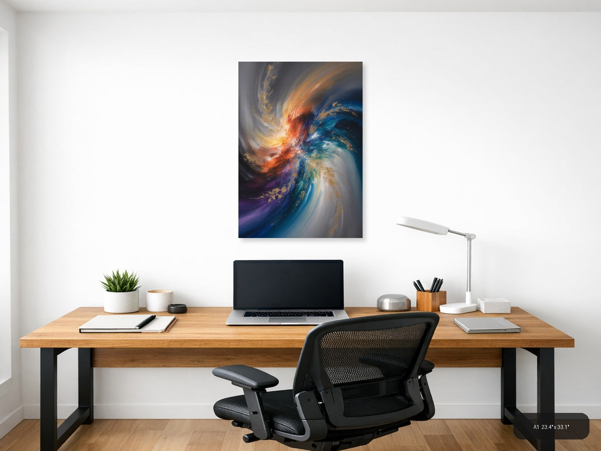 Abstract Cosmic Swirl with Gold Accents Wall Art — A1 / Office