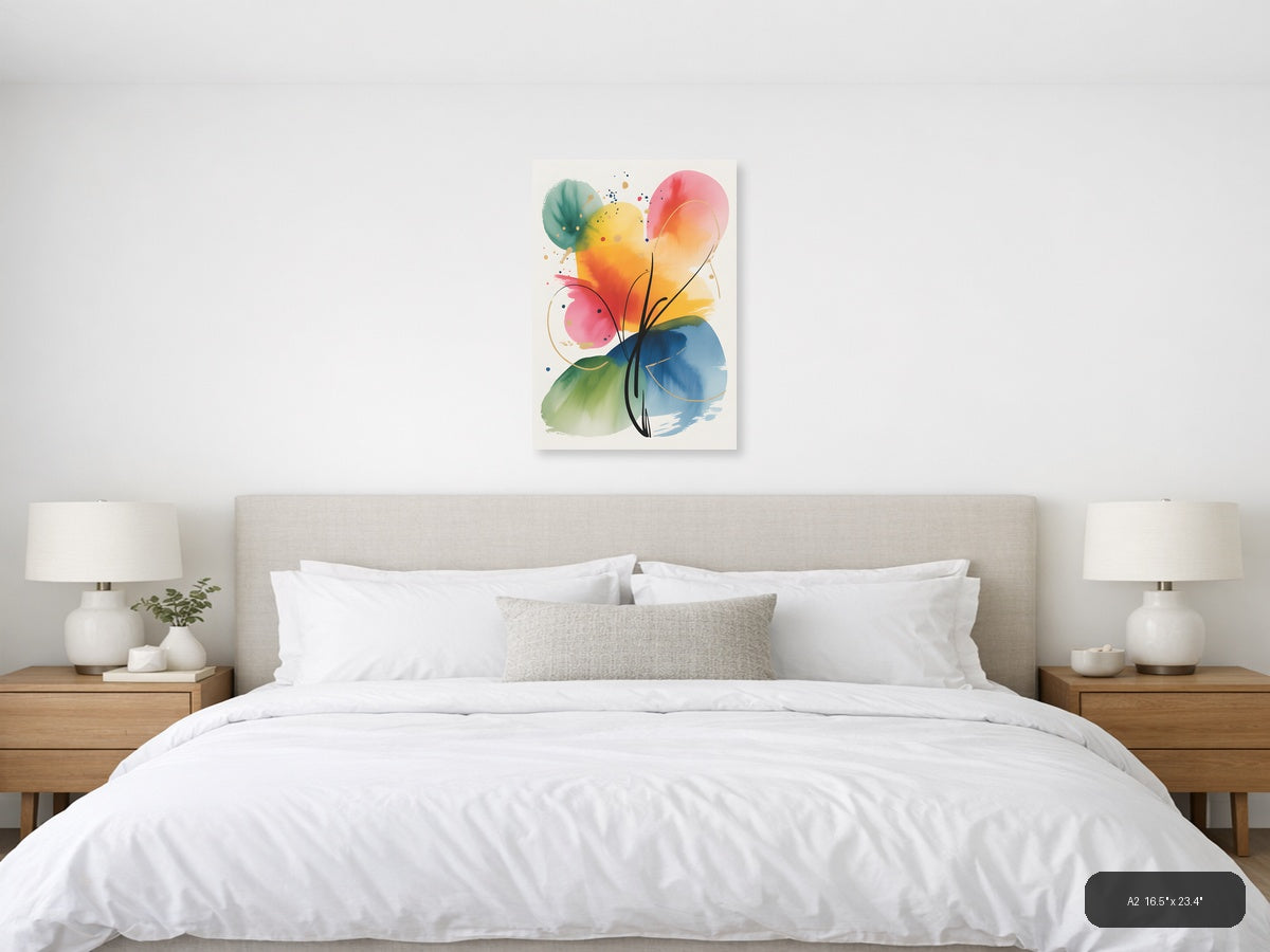 Colorful Watercolor Flower with Abstract Circles Wall Art — A2 / Bedroom