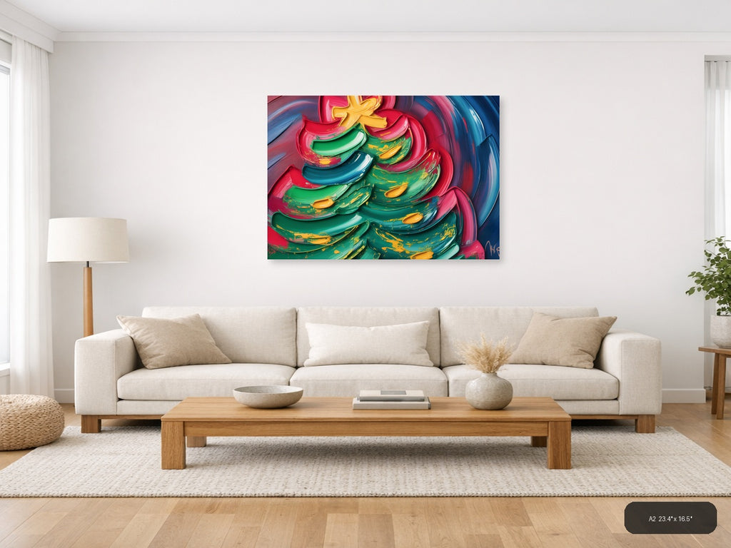Colorful Abstract Christmas Tree with Neon Brushstrokes Wall Art — A2 / Living Room