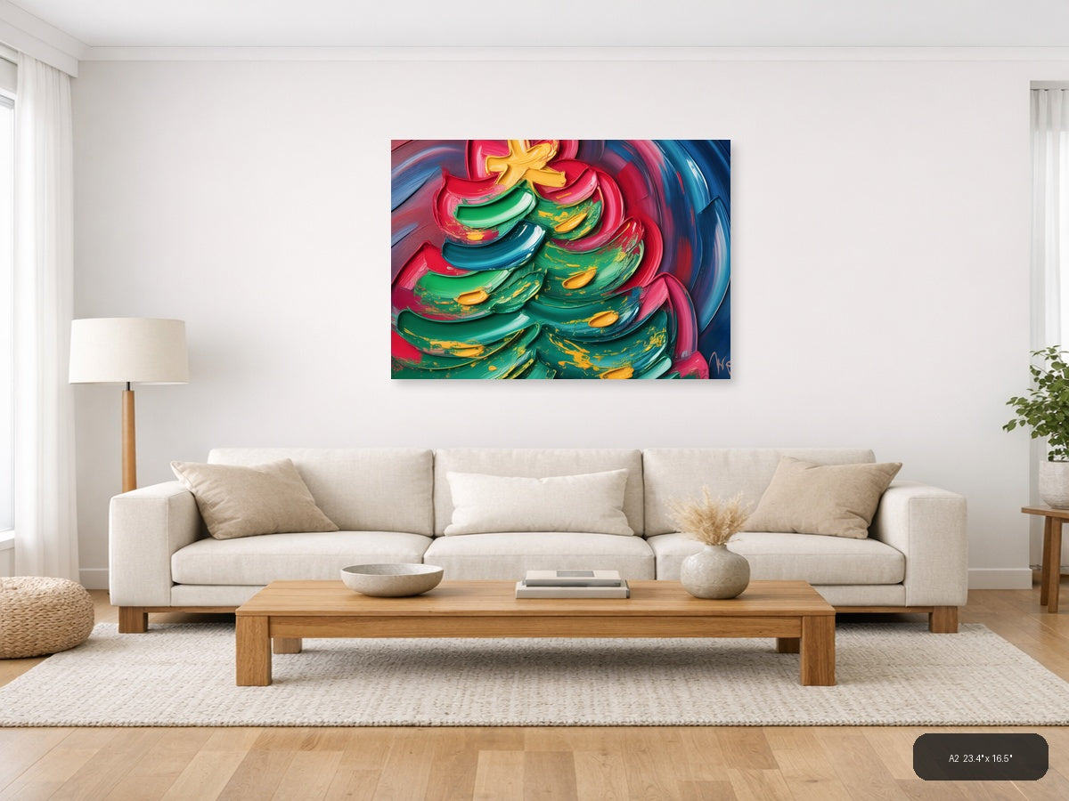 Colorful Abstract Christmas Tree with Neon Brushstrokes Wall Art — A2 / Living Room