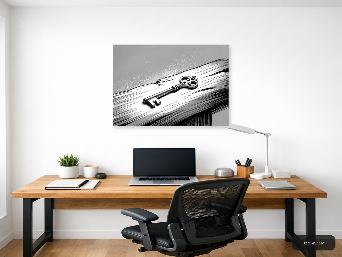 Ornate Key on Wood Line Art Wall Art — A2 / Office