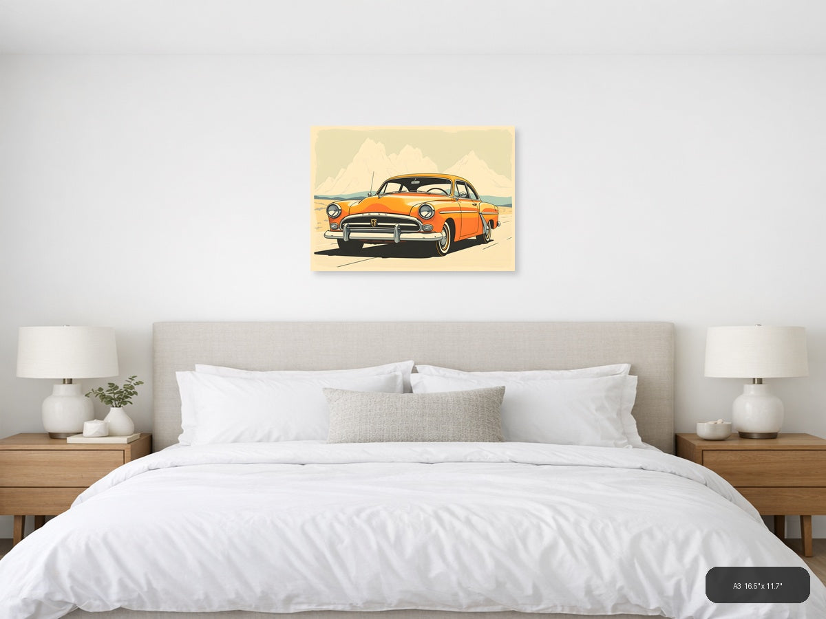 Orange Vintage Car Desert Mountain Landscape Wall Art — A3 / Bedroom