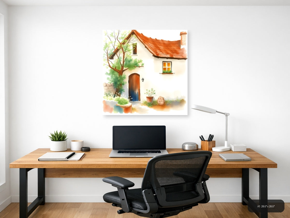 Cozy Cottage with Red Roof Watercolor Wall Art — A1 / Office