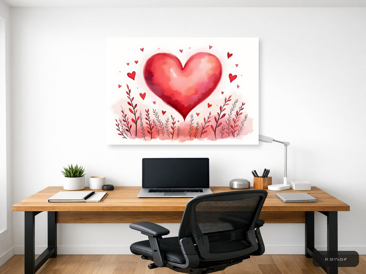 Red Watercolor Heart with Floral Field Wall Art — A1 / Office