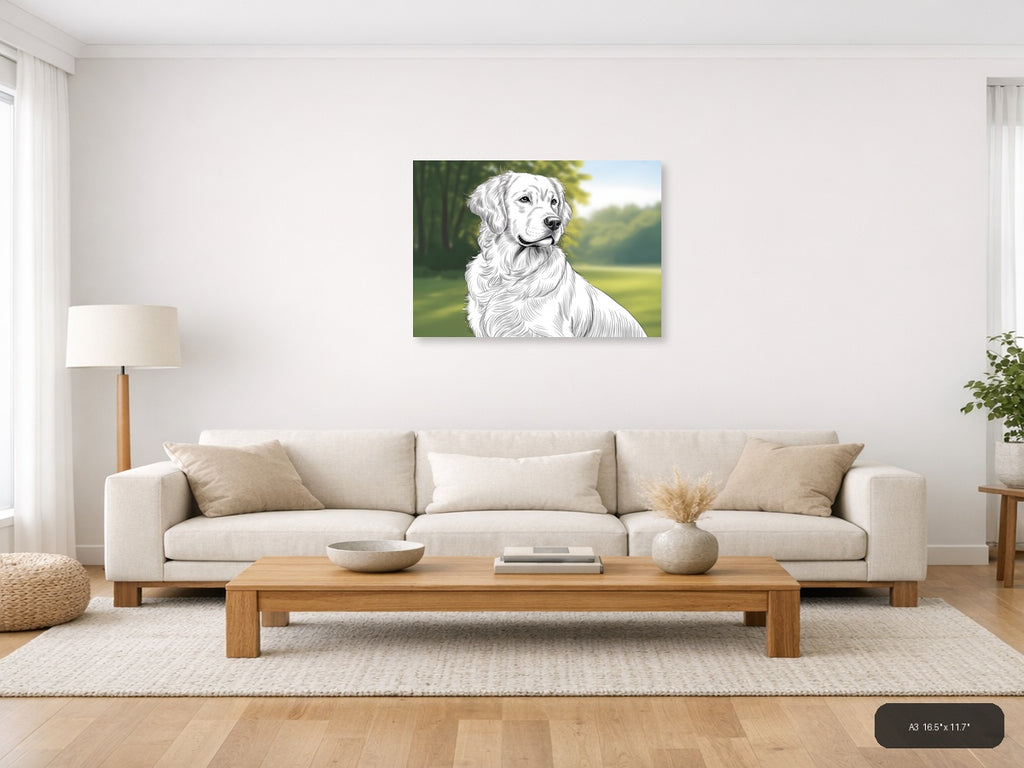Golden Retriever Portrait Line Art Wall Art — A3 / Living Room