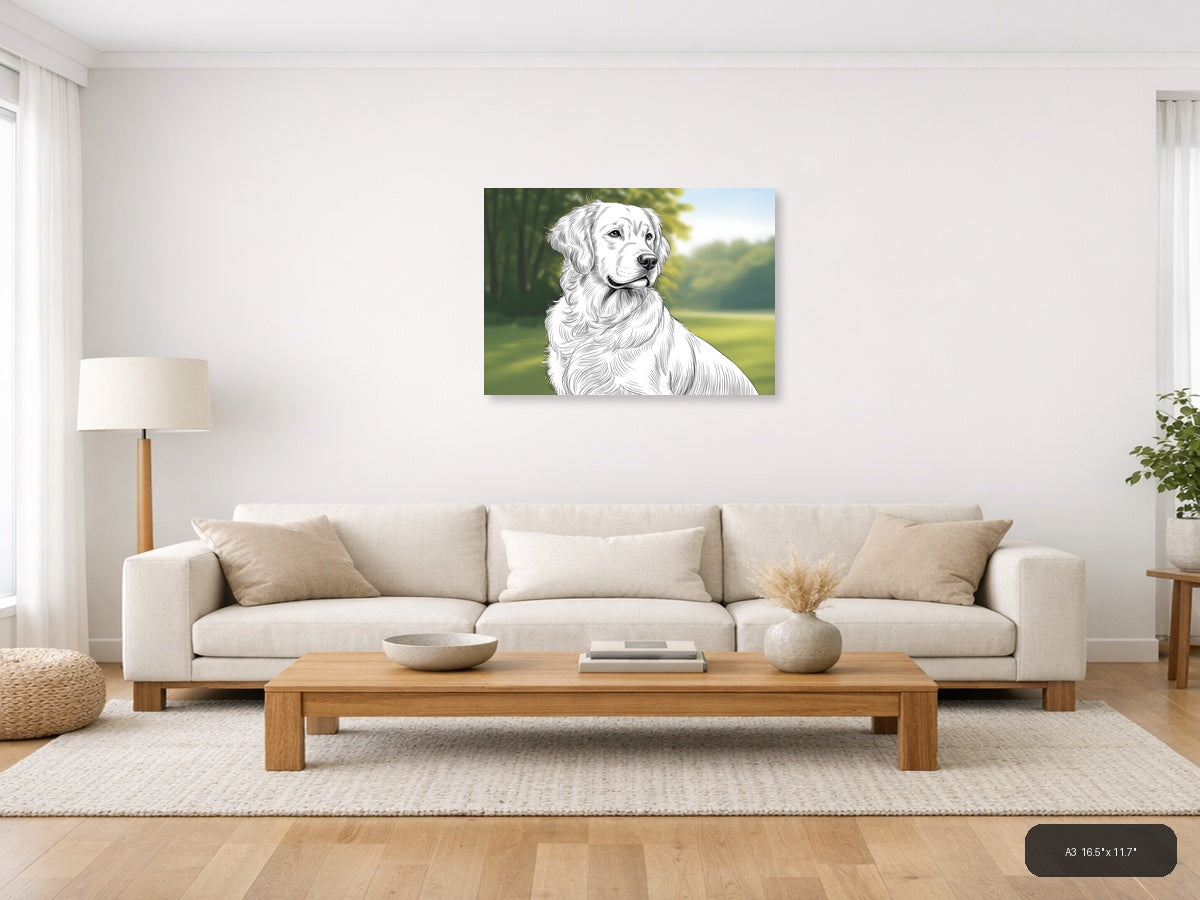 Golden Retriever Portrait Line Art Wall Art — A3 / Living Room