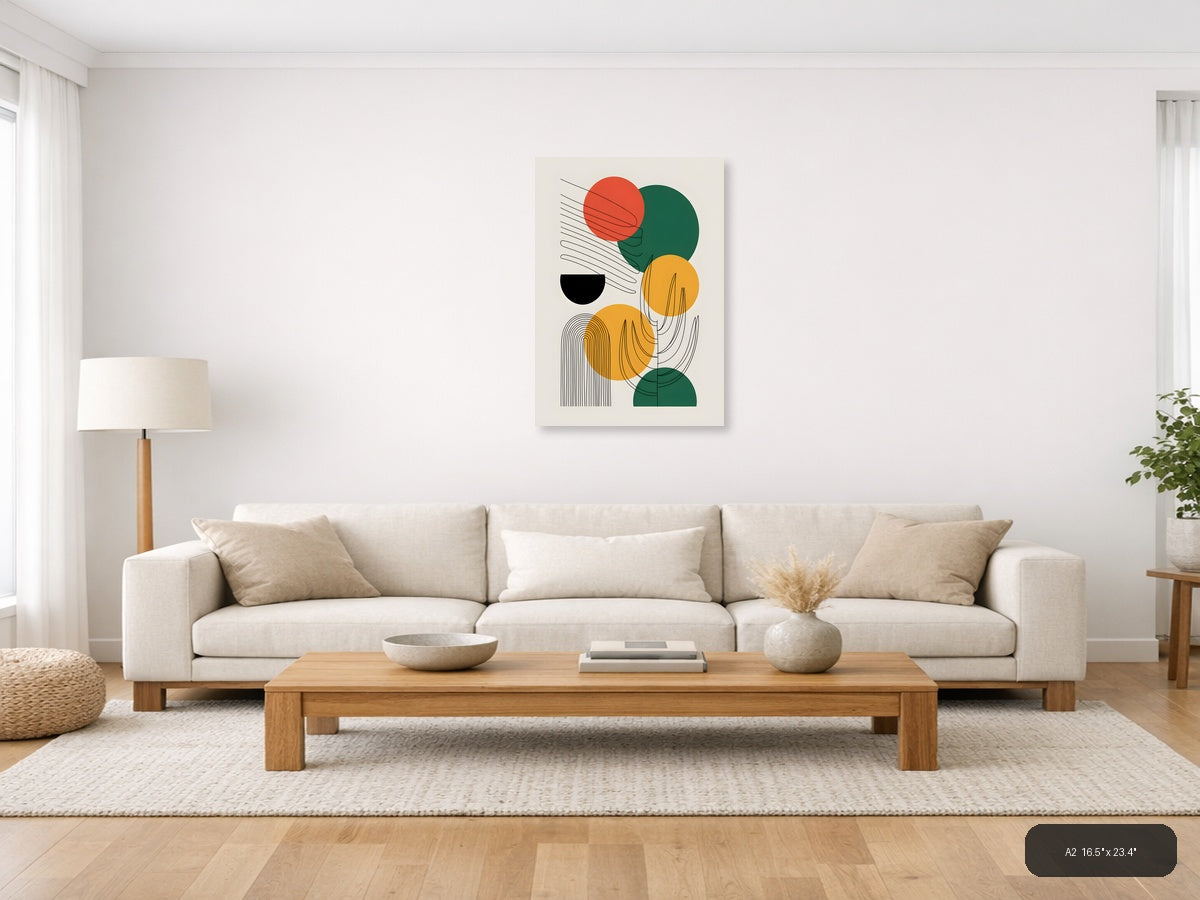 Abstract Geometric Line Art with Circles Wall Art — A2 / Living Room
