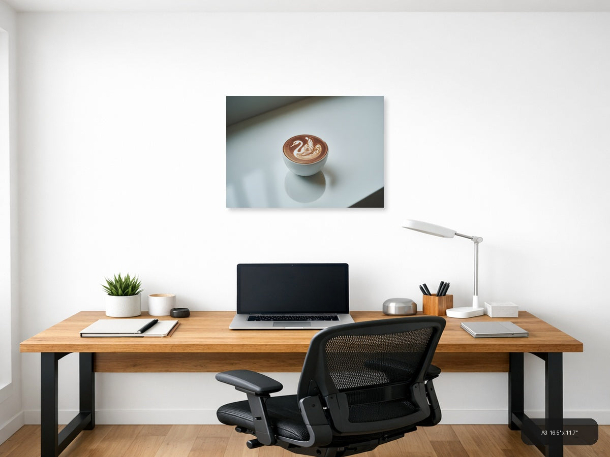 Minimalist Swan Latte Art Coffee Cup Wall Art — A3 / Office