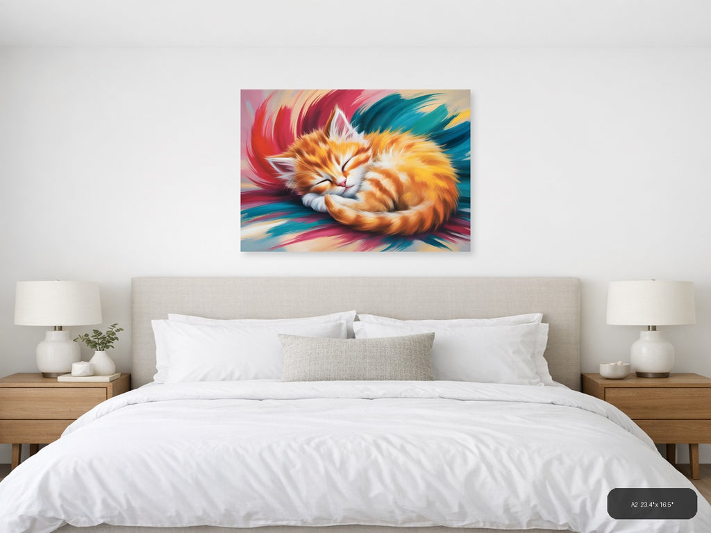 Sleeping Ginger Cat Abstract Brushstroke Wall Art — A2 / Bedroom