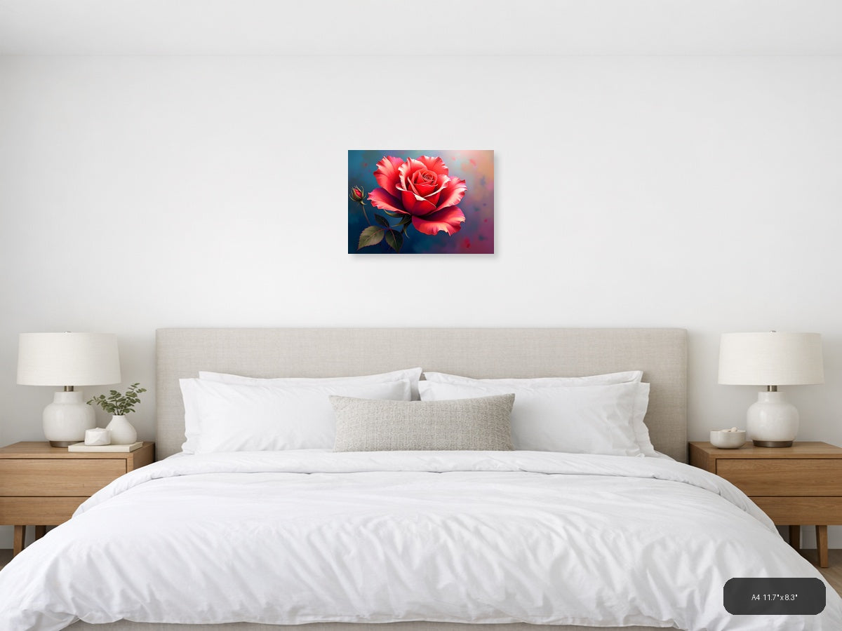 Red Rose with Buds Abstract Floral Wall Art — A4 / Bedroom