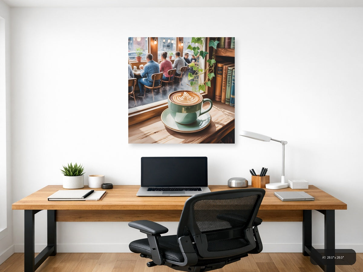 Cozy Café Latte Watercolor Window Scene Wall Art — A1 / Office