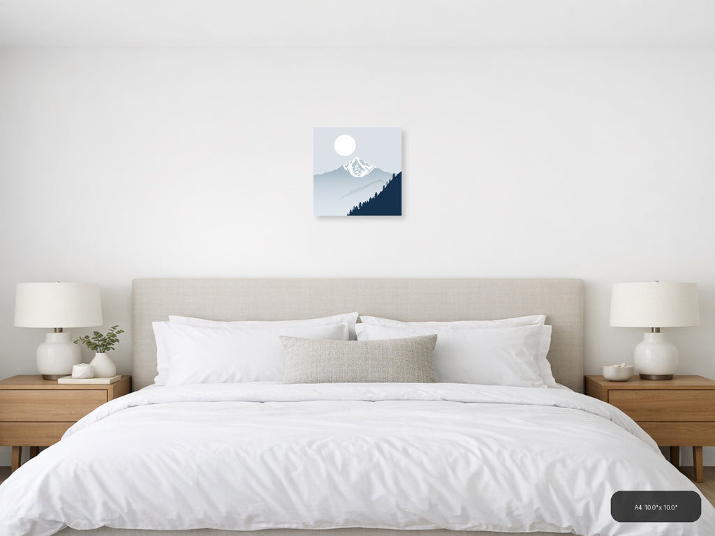 Snow-Capped Mountain Moon Night Sky | Minimalist Landscape Wall Art — A4 (Bedroom)