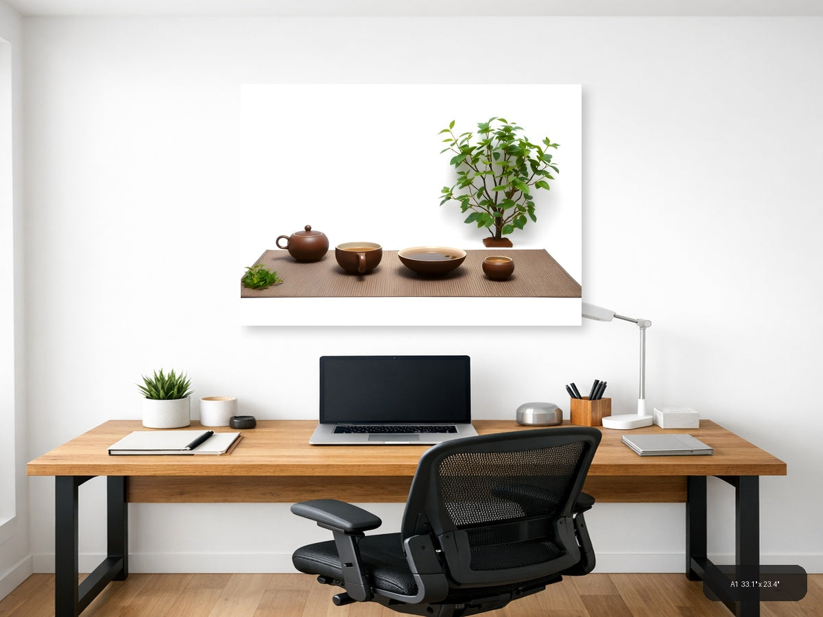Minimalist Tea Ceremony Setup with Green Plant Wall Art — A1 / Office