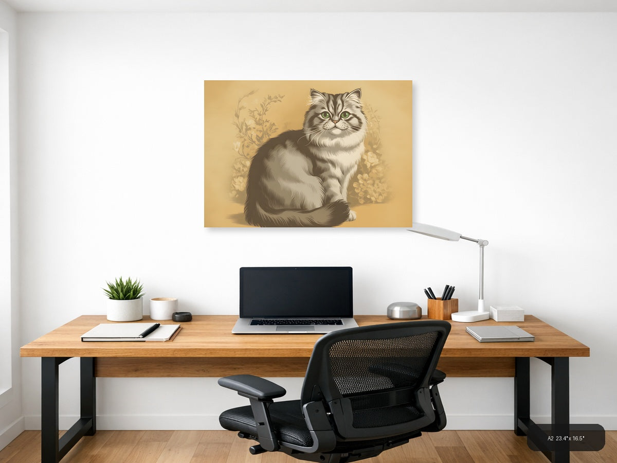 Vintage Fluffy Cat Portrait with Green Eyes Wall Art — A2 / Office