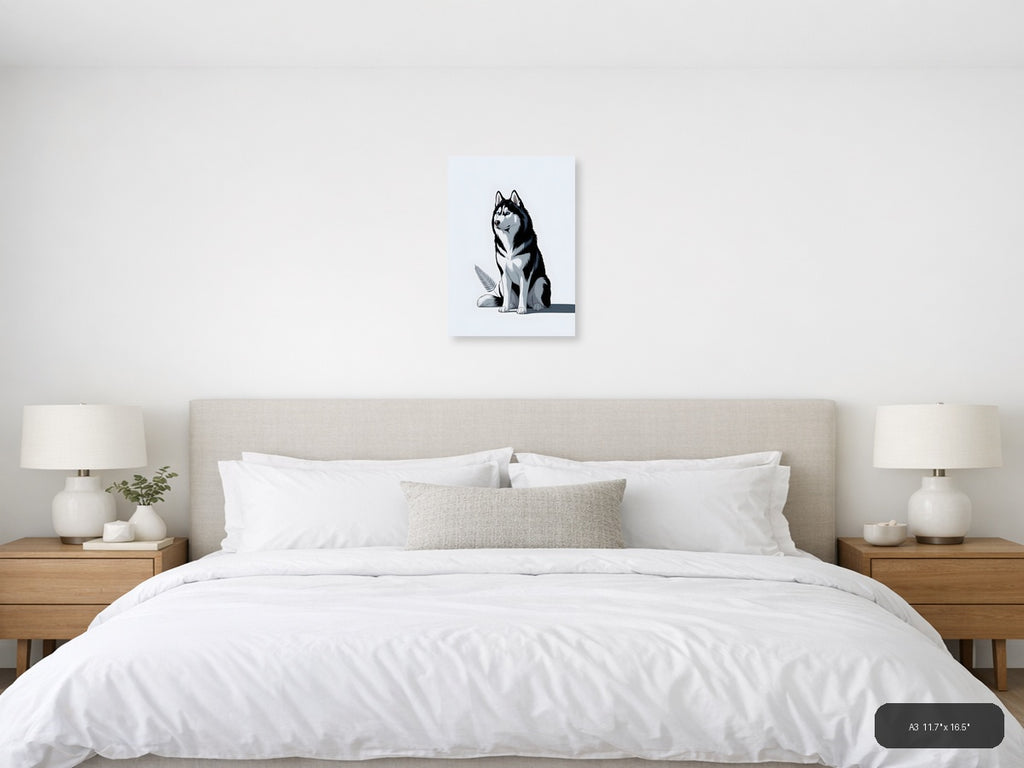 Minimalist Husky Portrait Black White Wall Art — A3 / Bedroom
