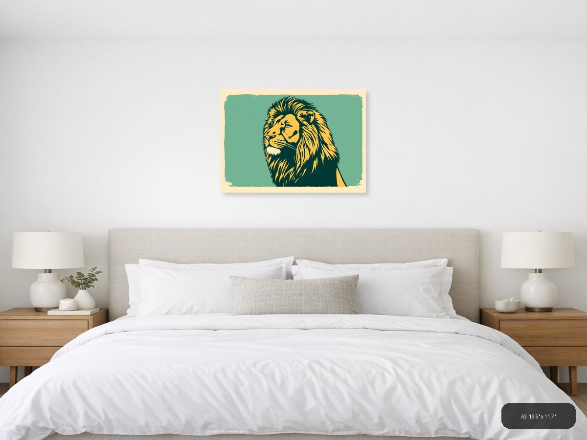 Vintage Lion Head Portrait Teal & Gold Wall Art — A3 / Bedroom