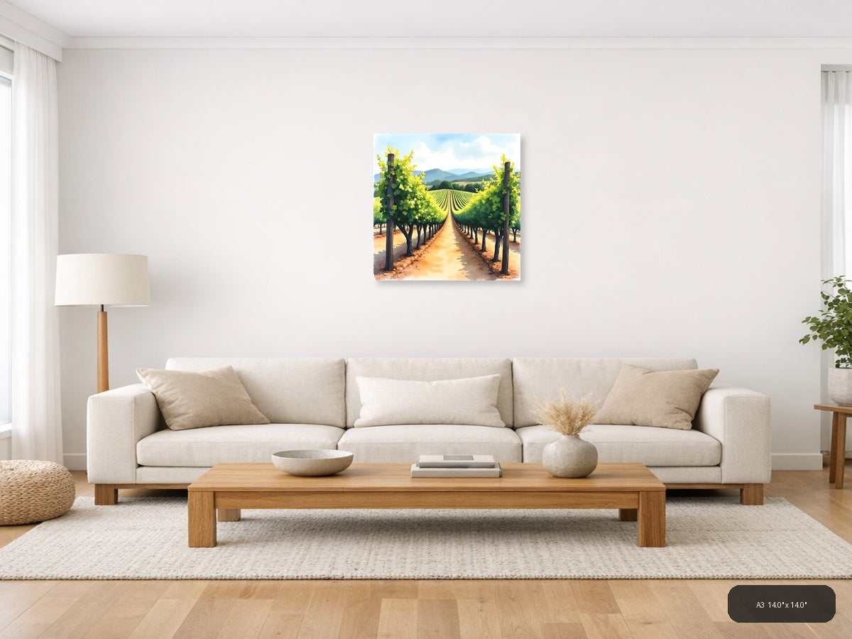 Vineyard Rows Watercolor Landscape Wall Art — A3 / Living Room