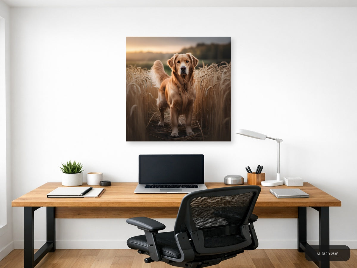 Golden Retriever in Wheat Field at Sunset Photography Wall Art — A1 / Office
