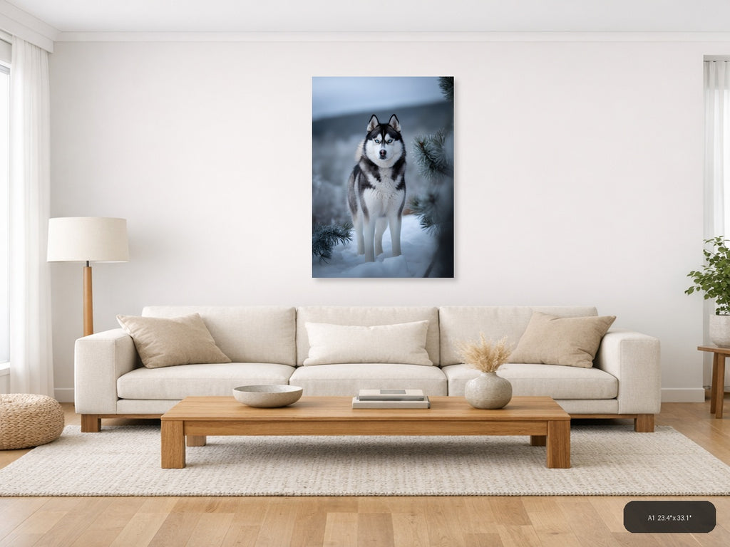 Husky with Blue Eyes in Snowy Winter Forest Photography Wall Art — A1 / Living Room