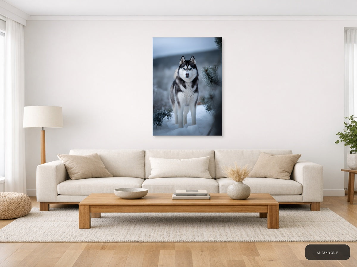 Husky with Blue Eyes in Snowy Winter Forest Photography Wall Art — A1 / Living Room
