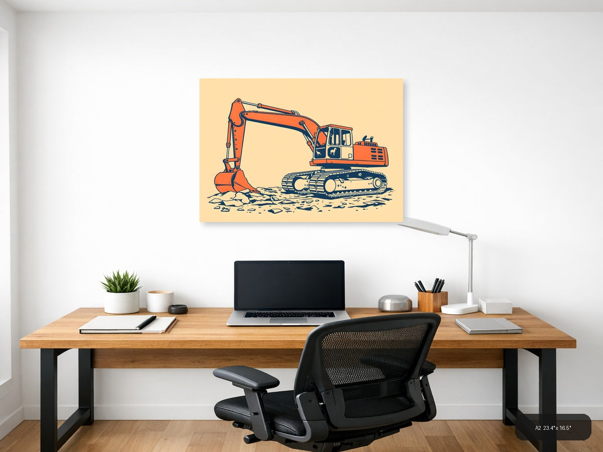 Vintage Orange Excavator Construction Wall Art — A2 / Office