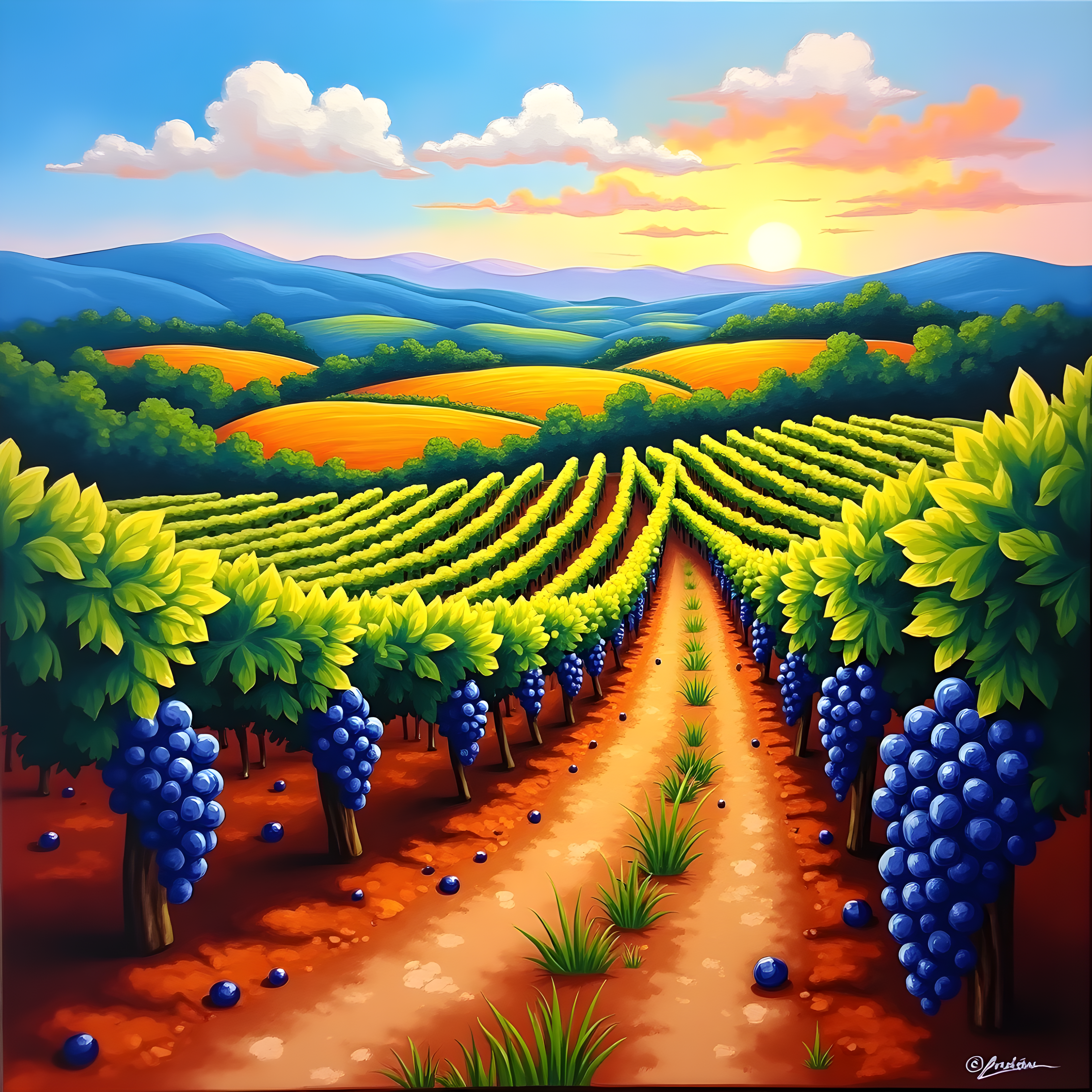 Vibrant Vineyard Sunset - Abstract Landscape Wall Art