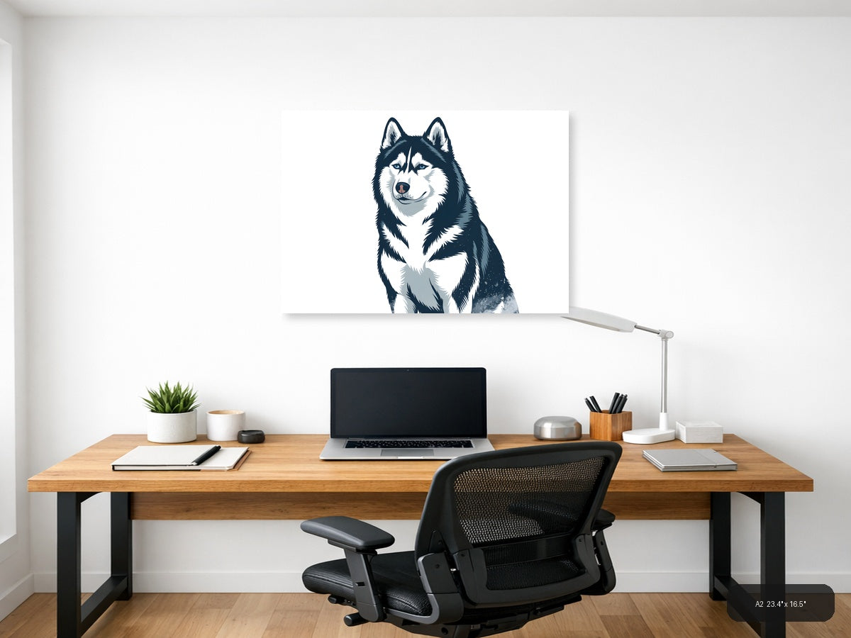 Husky Portrait Minimalist Black and White Wall Art — A2 / Office