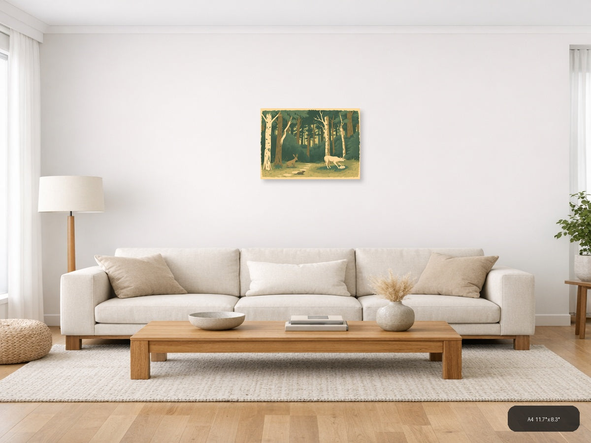 Vintage Forest Wildlife Landscape Wall Art — A4 / Living Room