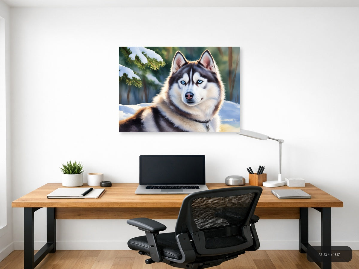 Siberian Husky Blue Eyes Winter Forest Watercolor Wall Art — A2 / Office