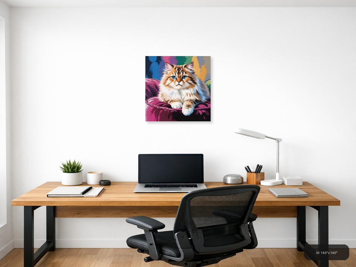 Fluffy Cat with Blue Eyes Abstract Colorful Wall Art — A3 / Office