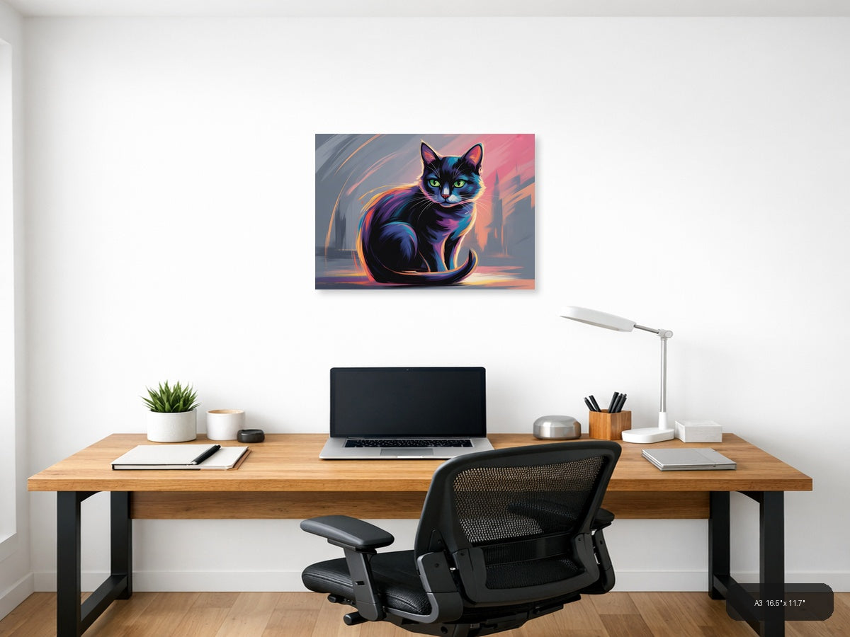 Neon Cat Abstract Glow Modern Wall Art — A3 / Office