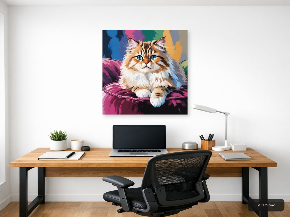 Fluffy Cat with Blue Eyes Abstract Colorful Wall Art — A1 / Office